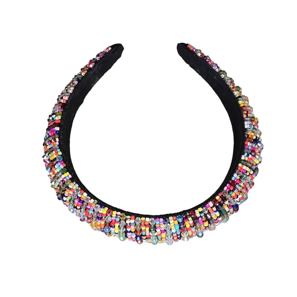 Beaded Rhinestone Headband Womens One Size Black Multicolor Padded Wide Sparkly